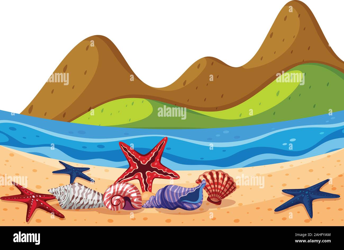 Landschaft Hintergrund von Muscheln und Seesterne am Strand Abbildung Stock Vektor