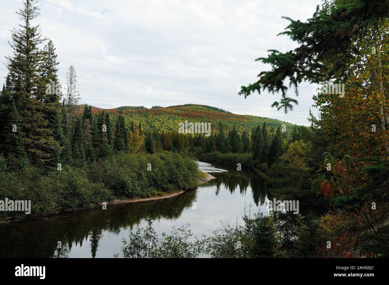 Herbst Landschaft Landschaft mit bunten Natur Herbst Szene mit bunten Bäumen, Fluss, Himmel, Wolken, in einer Ruhe Gefühl. Stockfoto