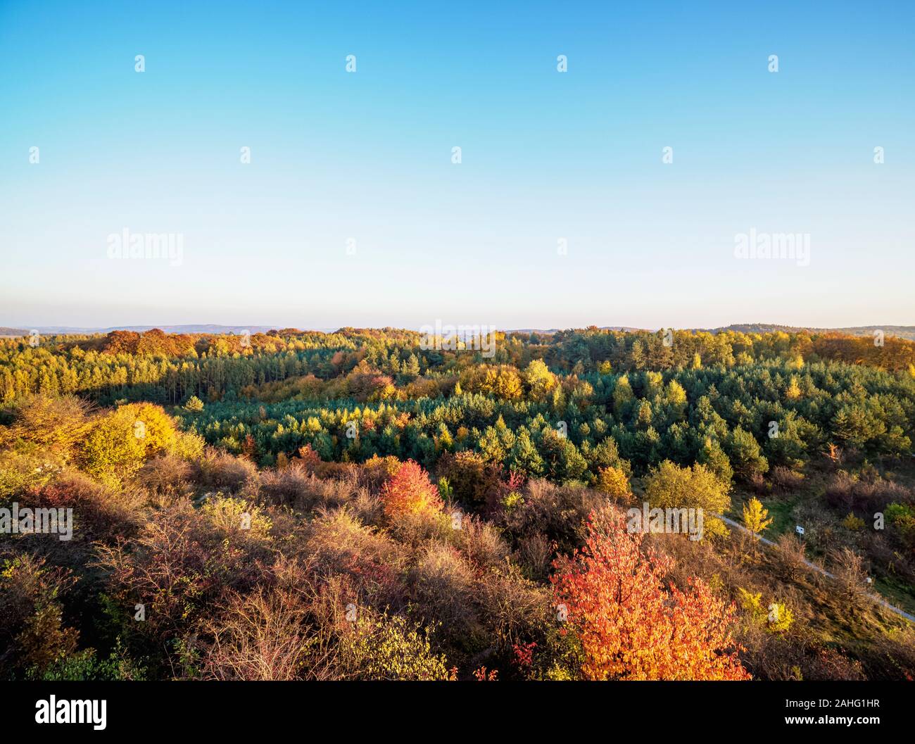 Landschaft von Okiennik Wielki, Window Rock, Piaseczno, Krakow-Czestochowa Hochland oder polnischen Jurassic Highland, Woiwodschaft Schlesien, Polen gesehen Stockfoto