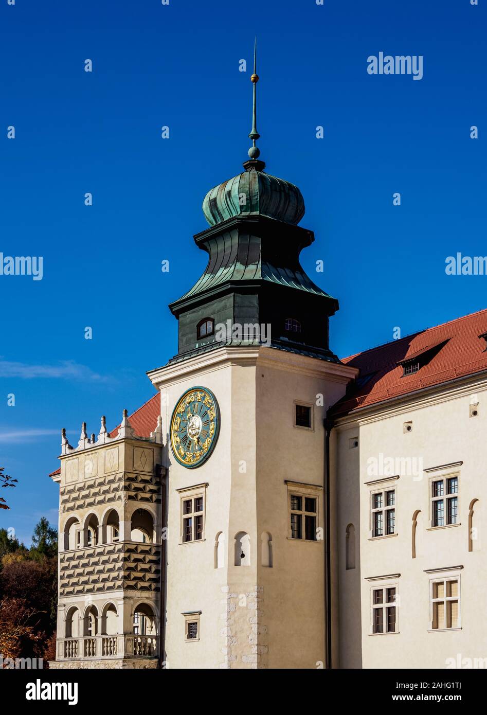 Schloss pieskowa Skala, Detailansicht, Trail der Eagles' Nester, Krakow-Czestochowa Hochland oder polnischen Jurassic Highland, Woiwodschaft Kleinpolen, Po Stockfoto