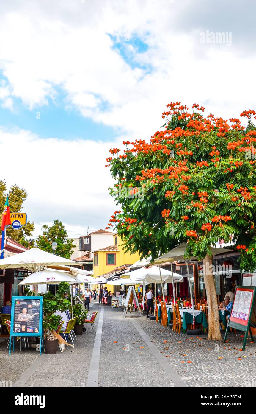 Funchal, Madeira, Portugal - Sep 10, 2019: malerische Straße in Madeiras Hauptstadt mit typischen Restaurants und Cafés. Die Menschen Essen und Trinken auf Terrassen im Hintergrund. Vertikale Foto. Stockfoto