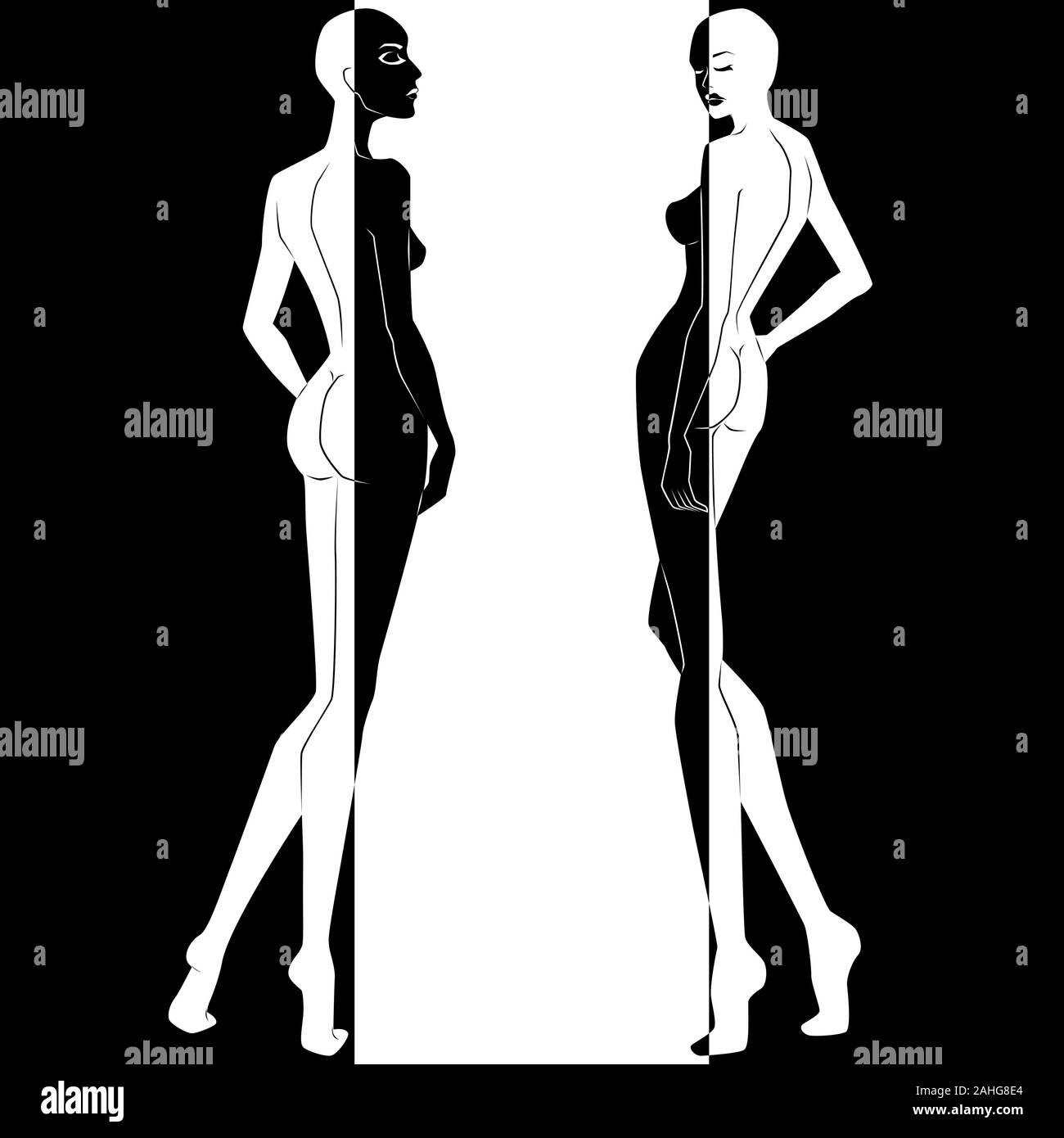 Zusammenfassung von zwei elegante Frau Split in negativen und positiven Raum, Schwarze und Weiße konzeptionelle Ausdruck, hand Zeichnung Abbildung Stock Vektor