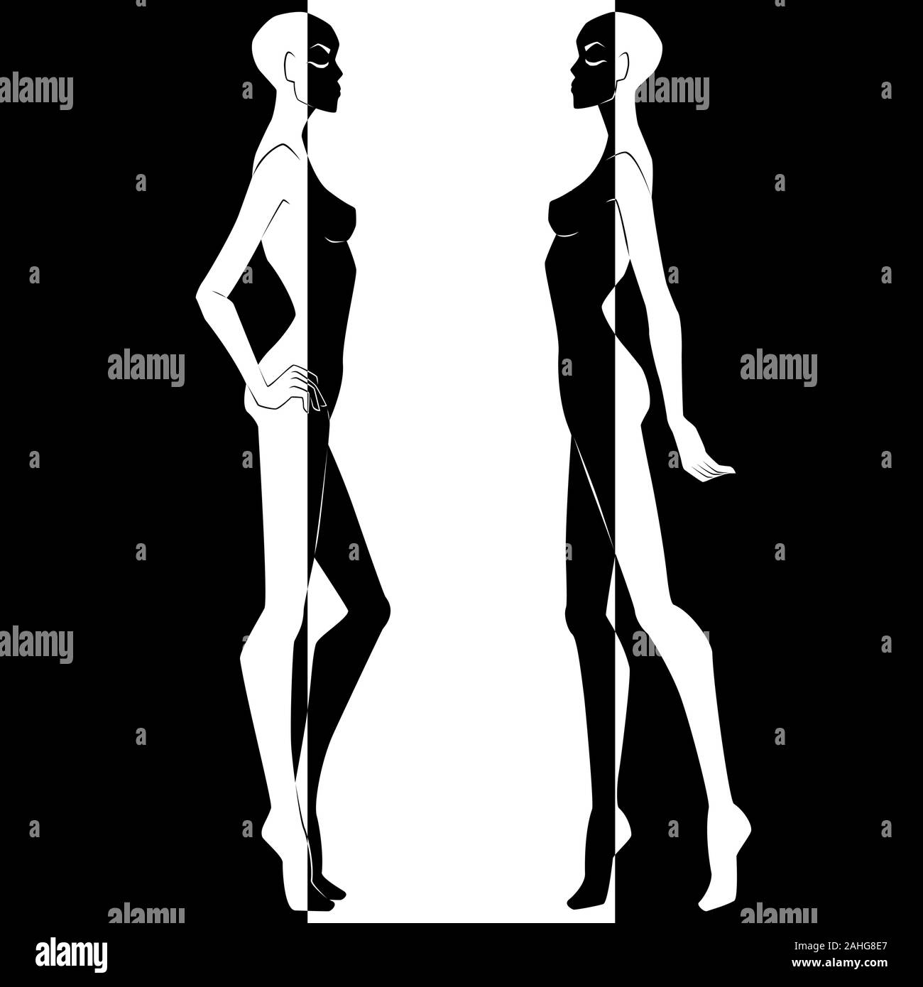 Zusammenfassung von zwei elegante weibliche Körper in negativen und positiven Raum Split, Schwarze und Weiße konzeptionelle Ausdruck, hand Zeichnung Abbildung Stock Vektor