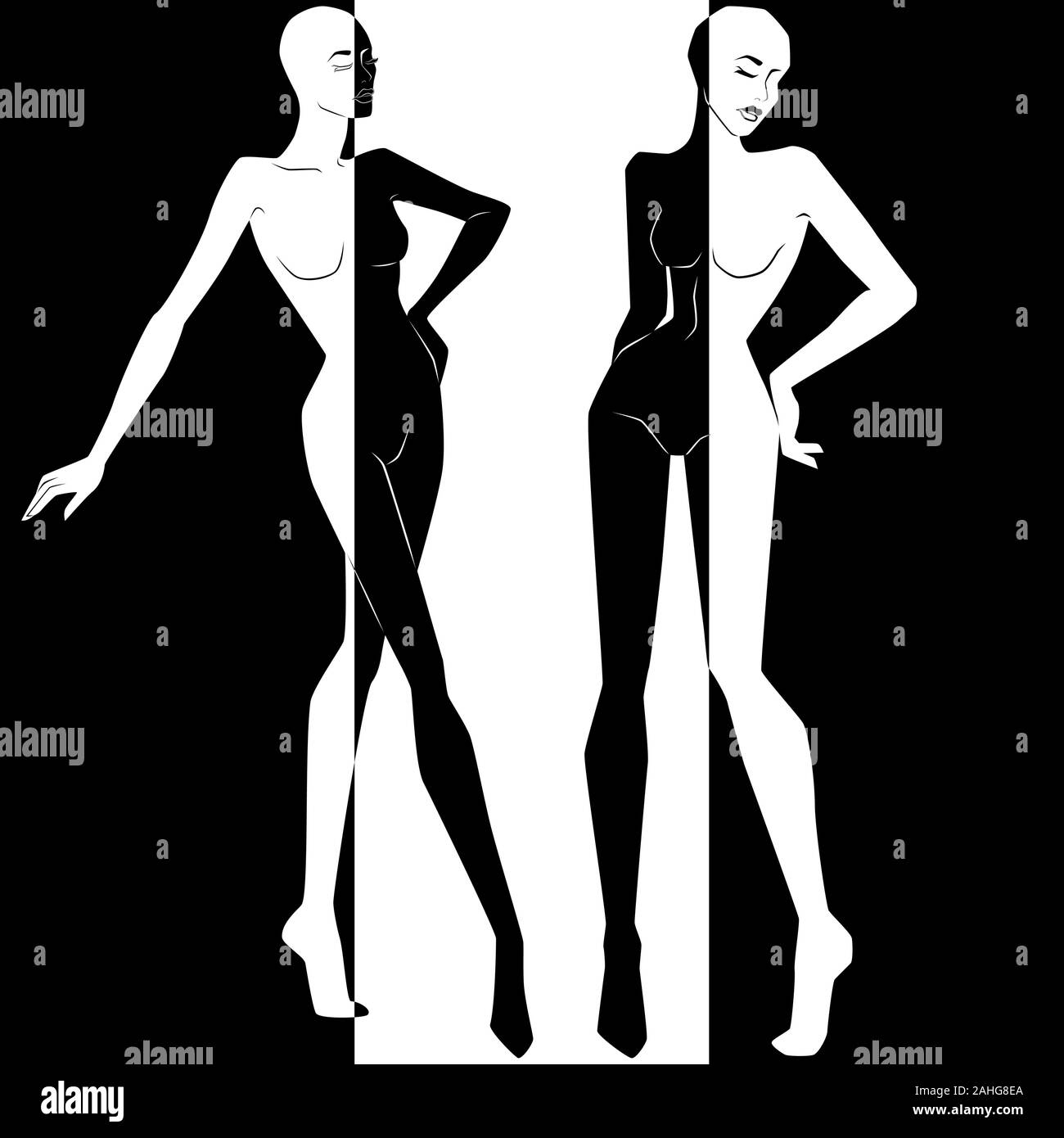 Zusammenfassung von zwei attraktive Frauen in Negativ Positiv Raum Split, Schwarze und Weiße konzeptionelle Ausdruck, hand Zeichnung Abbildung Stock Vektor