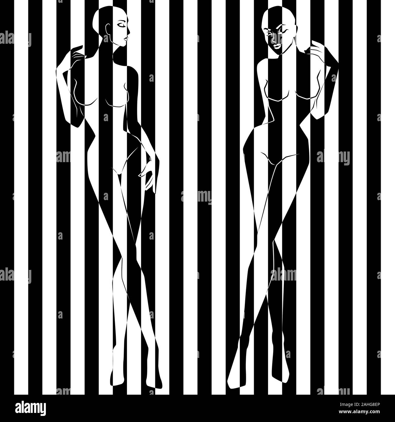 Zwei elegante Frauen in Abbildung in Breite schwarze und weiße Streifen geteilt, Pseudo-3D-Optik, negative und positive begriffliche Ausdruck Stock Vektor