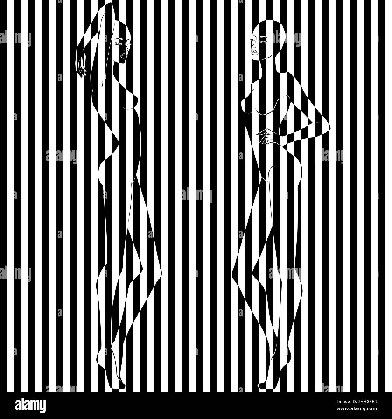 Zusammenfassung von zwei hübschen Frauen in Abbildung in schwarze und weiße Streifen geteilt, Pseudo-3D-Optik, negative und positive konzeptionelle Express Stock Vektor