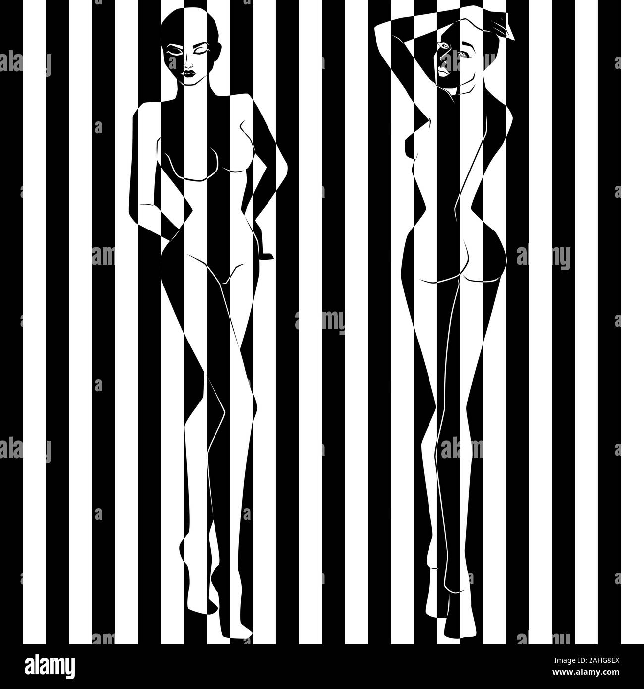 Zusammenfassung von zwei hübschen Frauen auf der Abbildung in schwarz-weiß breite Streifen geteilt, Pseudo-3D-Optik, negative und positive konzeptionelle Ex Stock Vektor