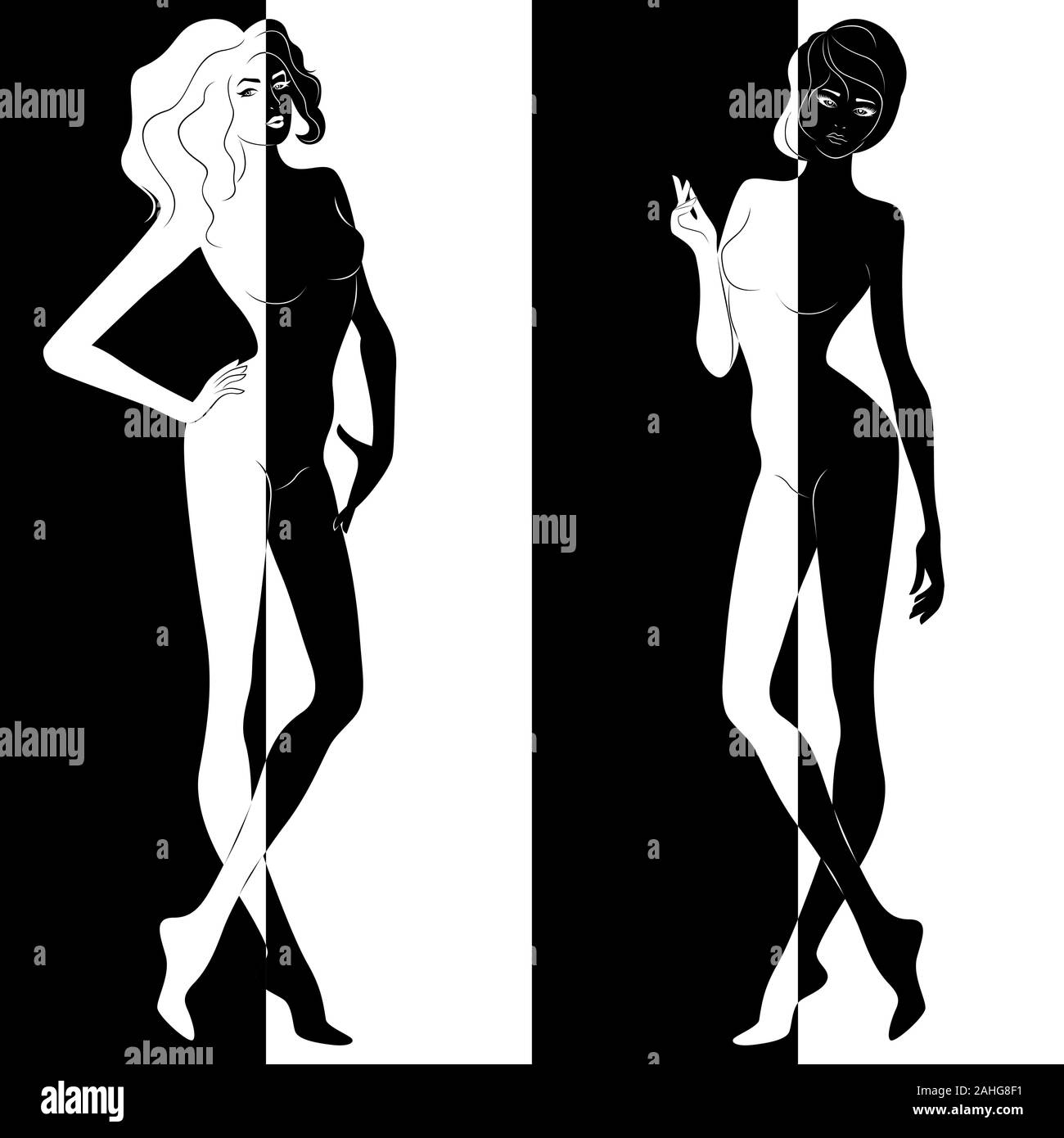 Zusammenfassung von zwei attraktive Frauen in negativen und positiven Raum Split, Schwarze und Weiße konzeptionelle Ausdruck, hand Zeichnung Abbildung Stock Vektor