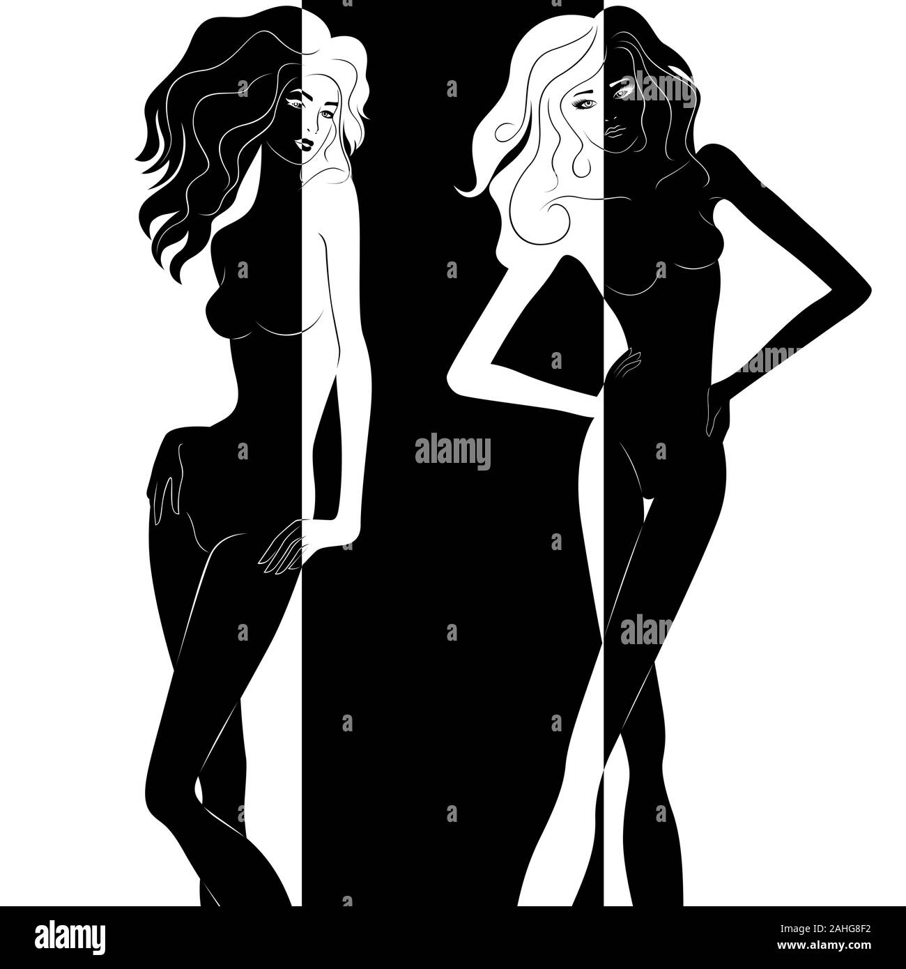 Zwei attraktive Frauen mit Luxus Haar Split in Negativ Positiv Raum, Schwarze und Weiße konzeptionelle Ausdruck, hand Zeichnung Abbildung Stock Vektor
