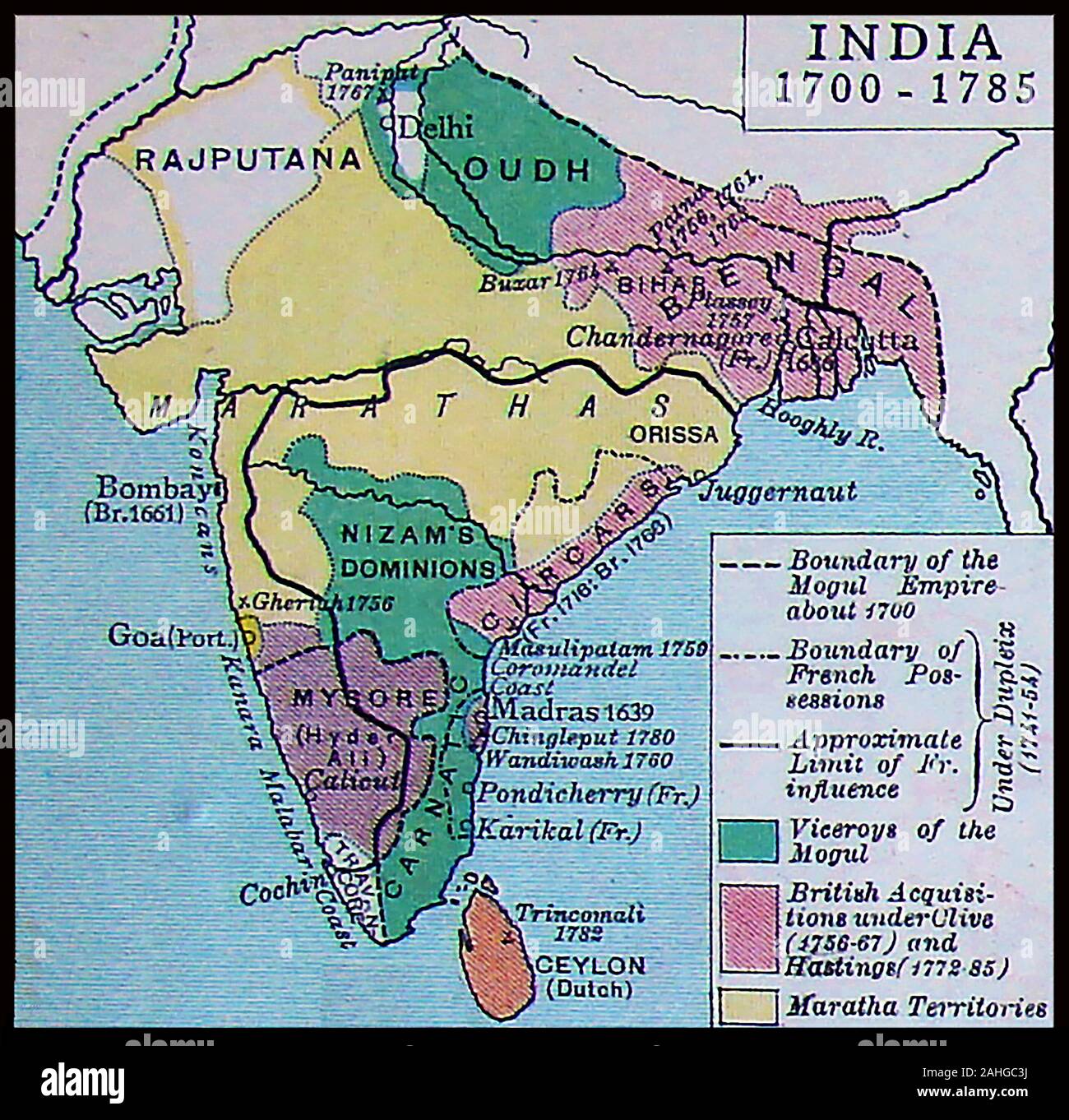 Eine 1922 Karte Indien im 18. Jahrhundert, darunter die ehemaligen Mogul Empire und den britischen und französischen Besitzungen Stockfoto