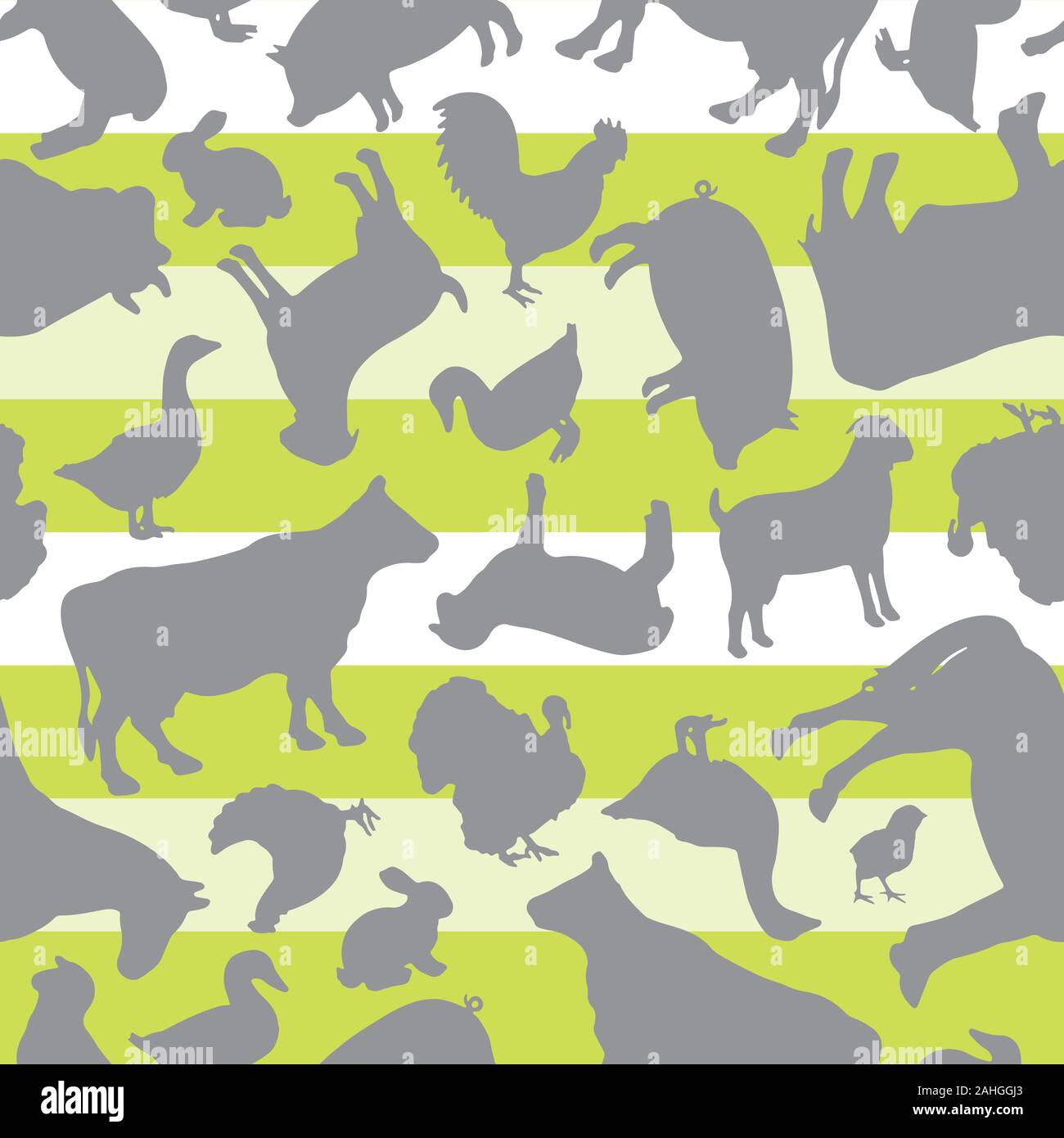 Nutztiere Silhouette Vektor Design nahtlose Muster auf Grüne und weiße Streifen Stock Vektor