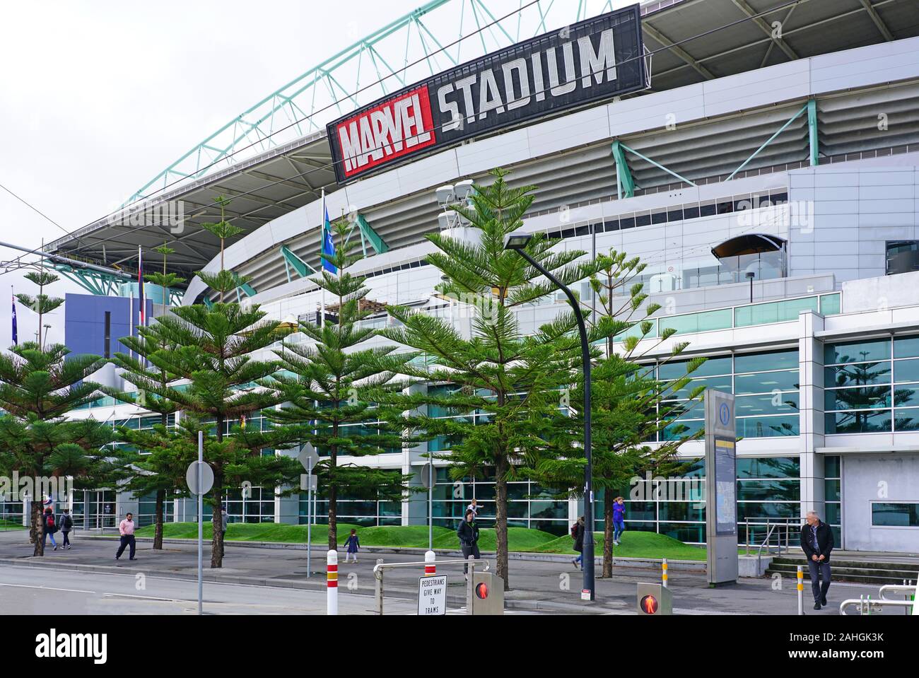 MELBOURNE, AUSTRALIEN - 15 May 2019 - Blick auf den Marvel Stadion (Docklands Stadium), ein vielseitiges Sport- und Unterhaltungsprogramm Stadion in den Docklands ein Stockfoto