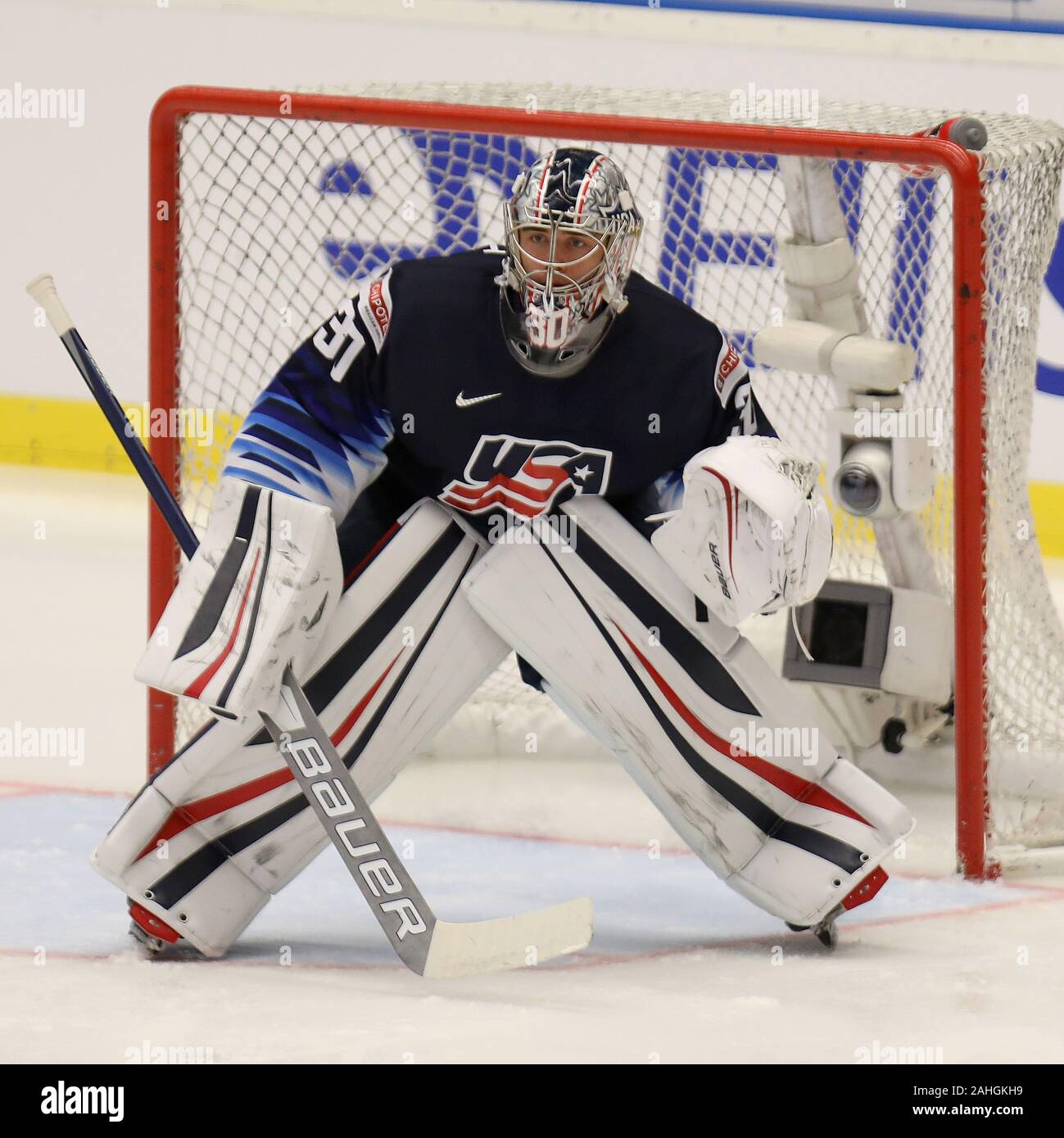 Torwart Jesaja Saville (USA), die in Aktion während der 2020 IIHF World Junior Eishockey WM Gruppe B Übereinstimmung zwischen den USA und Russland in Ostrava Stockfoto