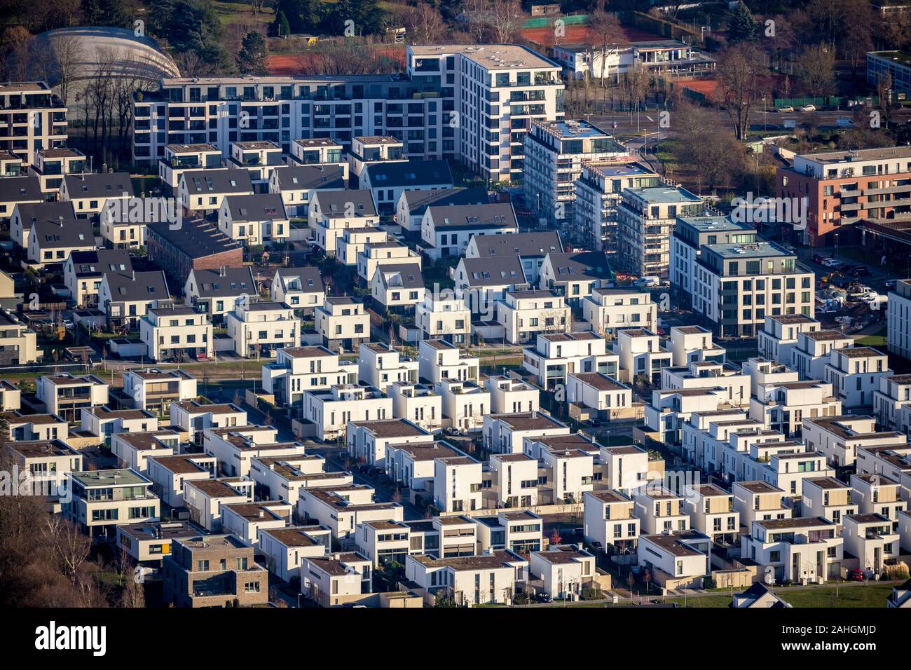 Luftbild, Wohnanlagen, neue Entwicklung Bereich Gartenstadt Reitzenstein, Standort der ehemaligen Reitzenstein Kaserne, Düsseldorf, Rheinland, Nort Stockfoto