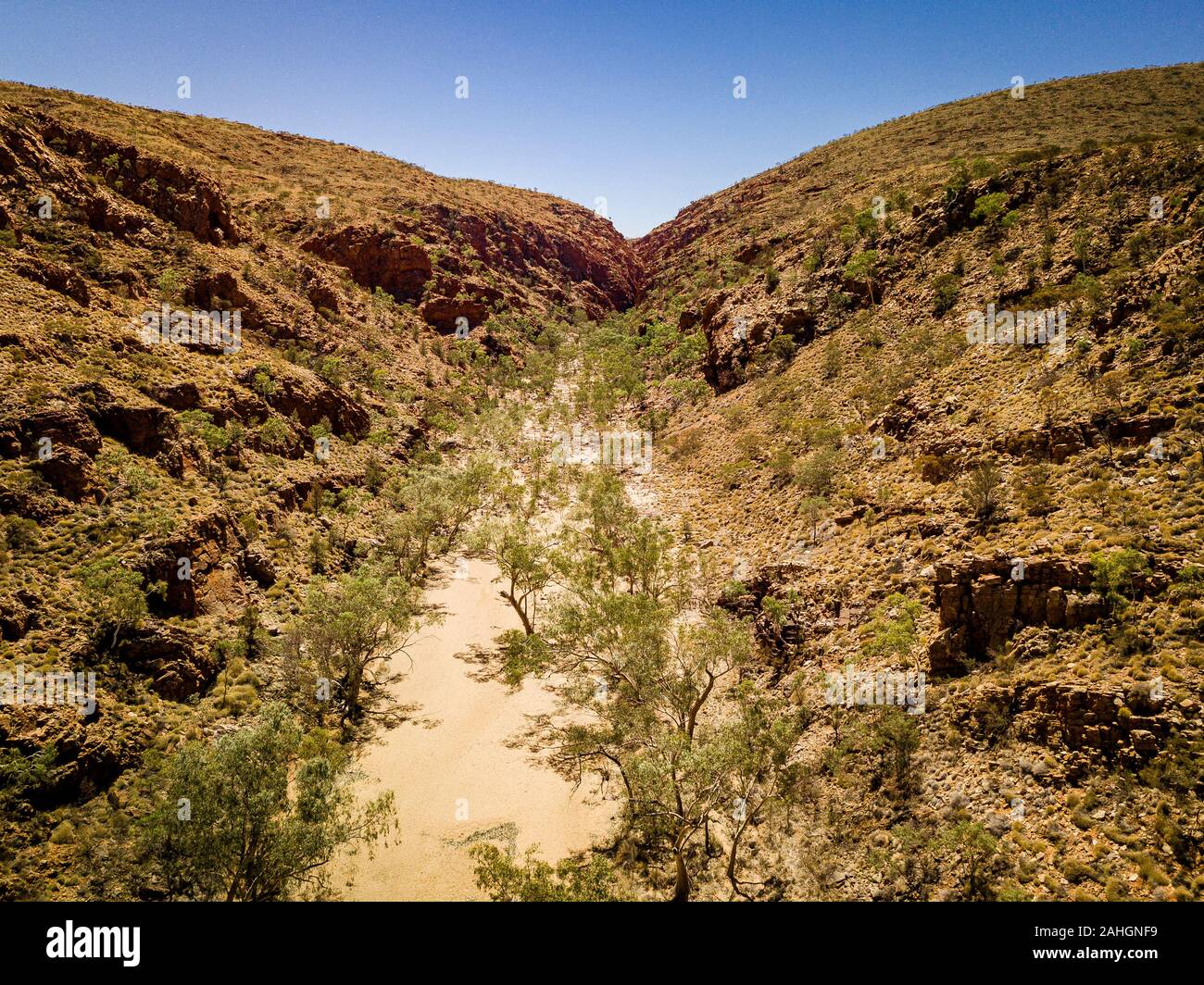 Die Dry Creek Bed bei Redbank Gorge in den West MacDonnell Ranges, Northern Territory, Australien Stockfoto
