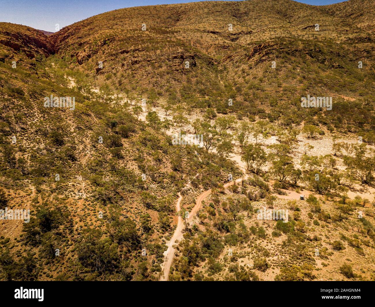 Der Wanderweg, der mit dem Dry Creek Bed bei Redbank Gorge in den West MacDonnell Ranges, Northern Territory, Australien führt Stockfoto