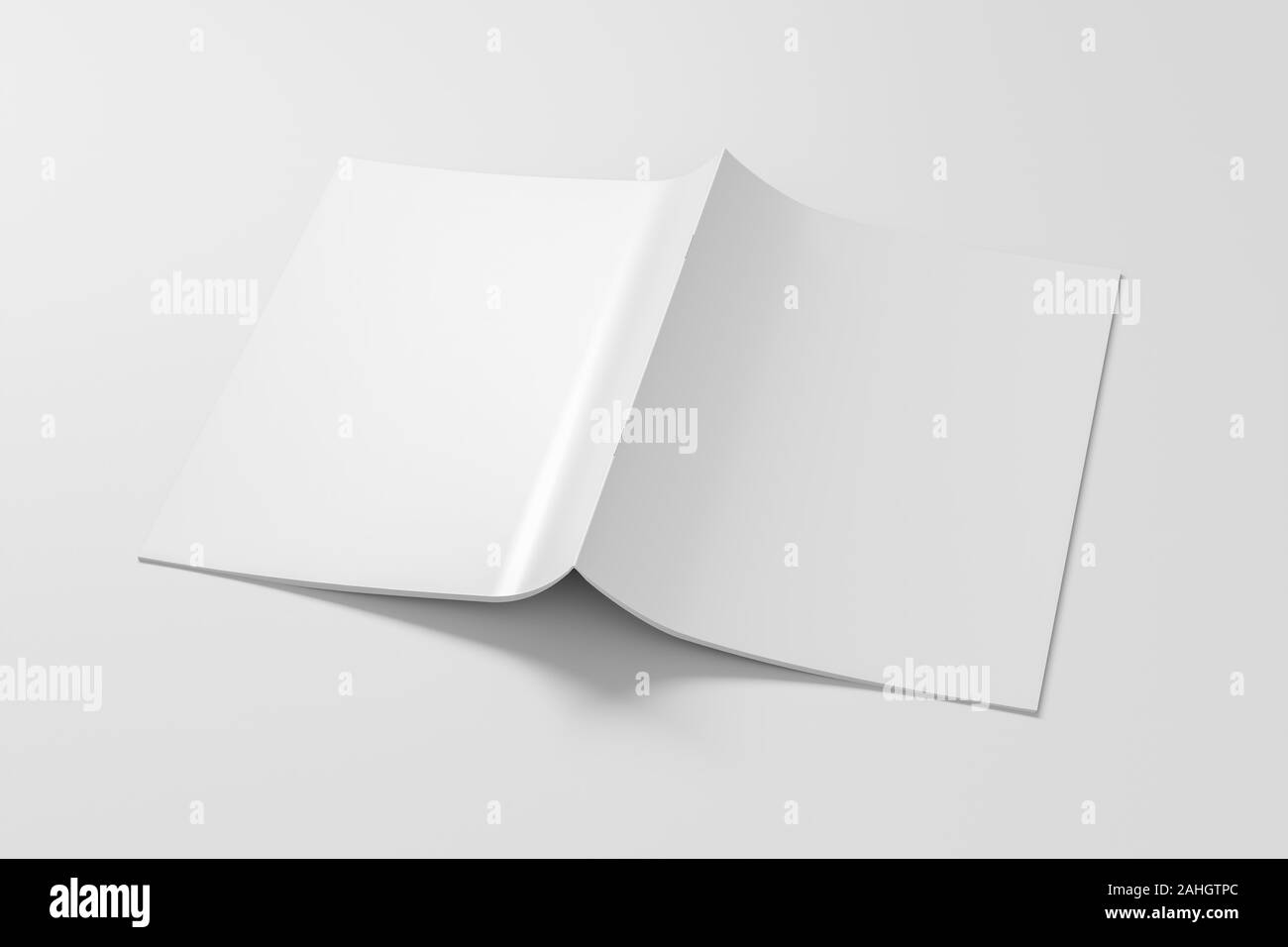 Broschüre oder Booklet cover Mock up auf Weiß. Broschüre ist offen und mit der Oberseite nach unten. Mit Beschneidungspfad um Broschüre isoliert. 3d illustratuion Stockfoto