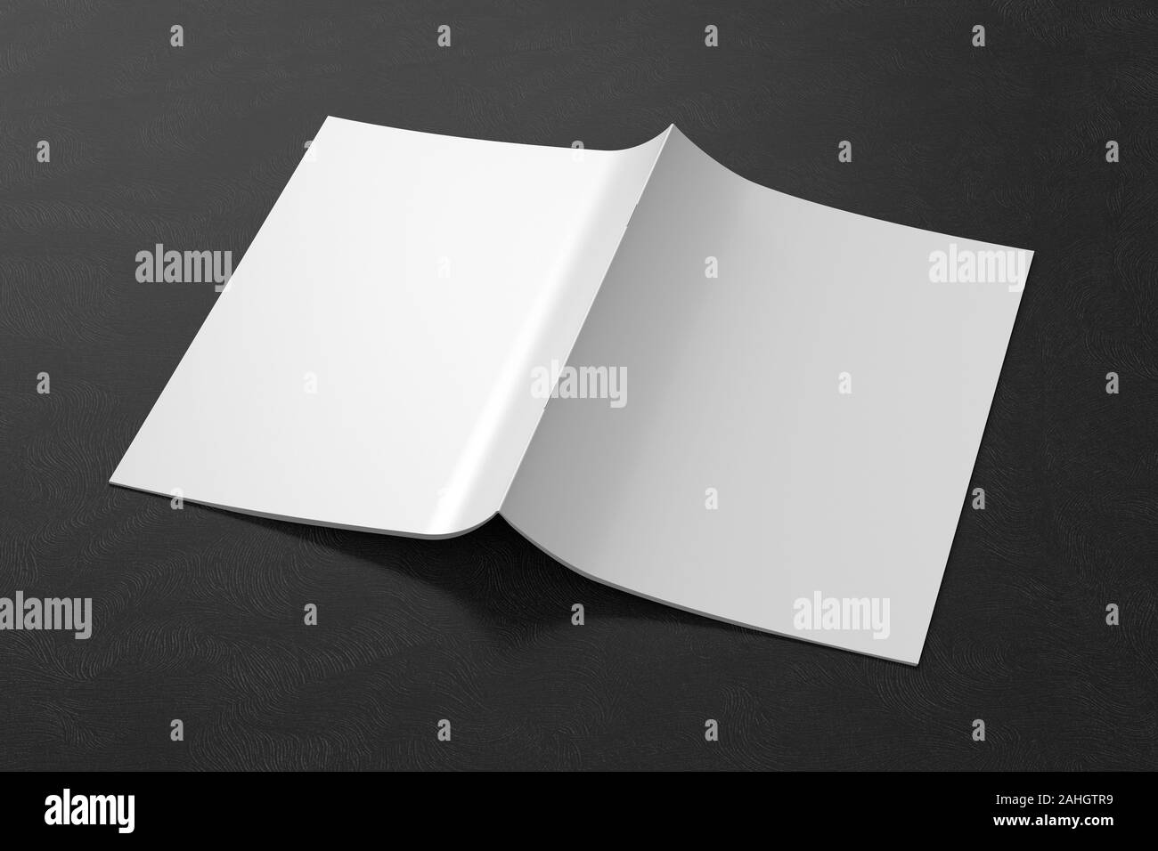 Broschüre oder Booklet cover Mock up auf schwarzem Hintergrund. Broschüre ist offen und mit der Oberseite nach unten. Mit Beschneidungspfad um Broschüre isoliert. 3d illustratuion Stockfoto