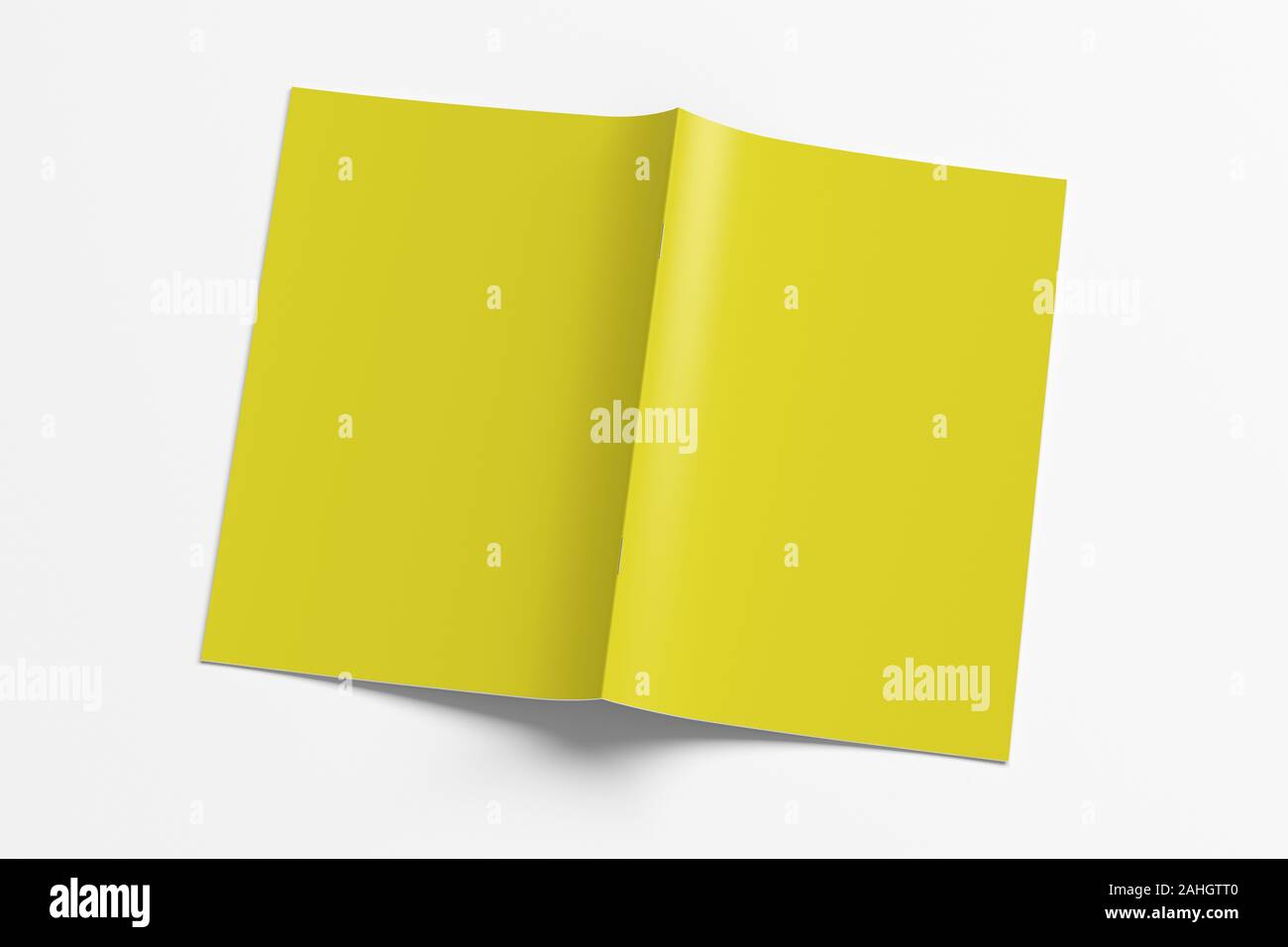 Gelbe Broschüre oder Booklet cover Mock up auf Weiß. Broschüre ist offen und mit der Oberseite nach unten. Mit Beschneidungspfad um Broschüre isoliert. 3d illustratuion Stockfoto