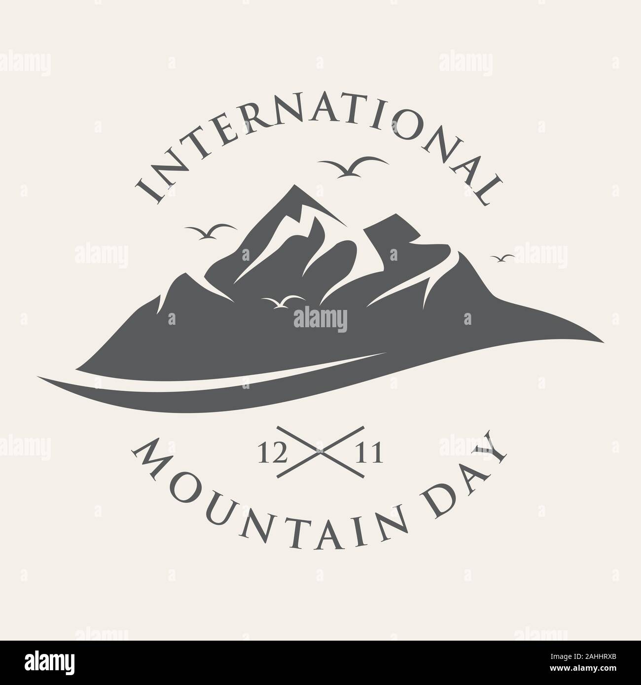 Vintage-Buchstaben-Emblem für den Internationalen Tag der Berge mit Berg-Grafik. Geeignet für Grußkarte, Poster und Banner. Vektorgrafik EPS.10 Stock Vektor