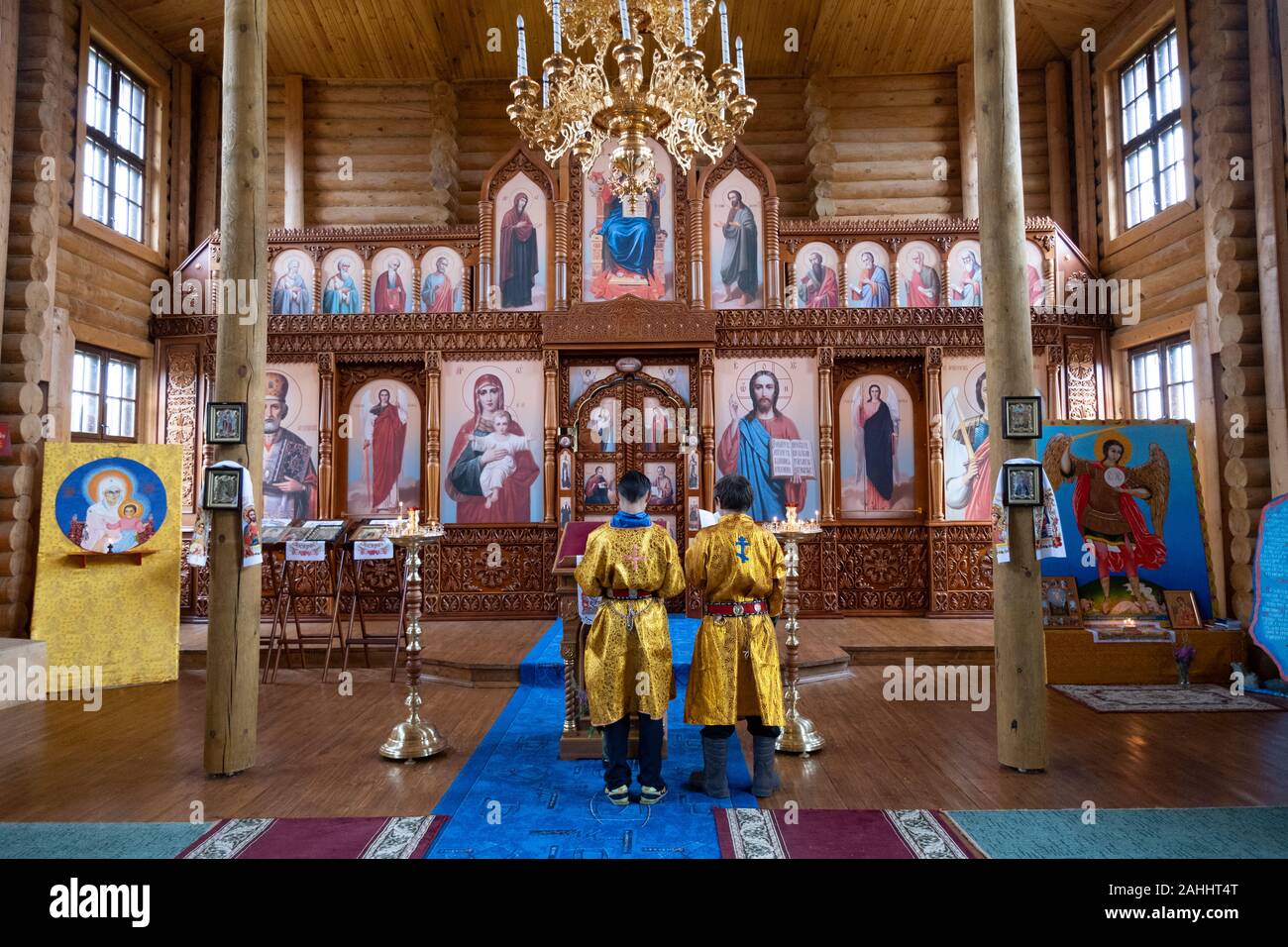Innenraum des Erzengels Michael Kirche im Land der Hoffnung Nenet Camp, Sibirien, Russland Stockfoto