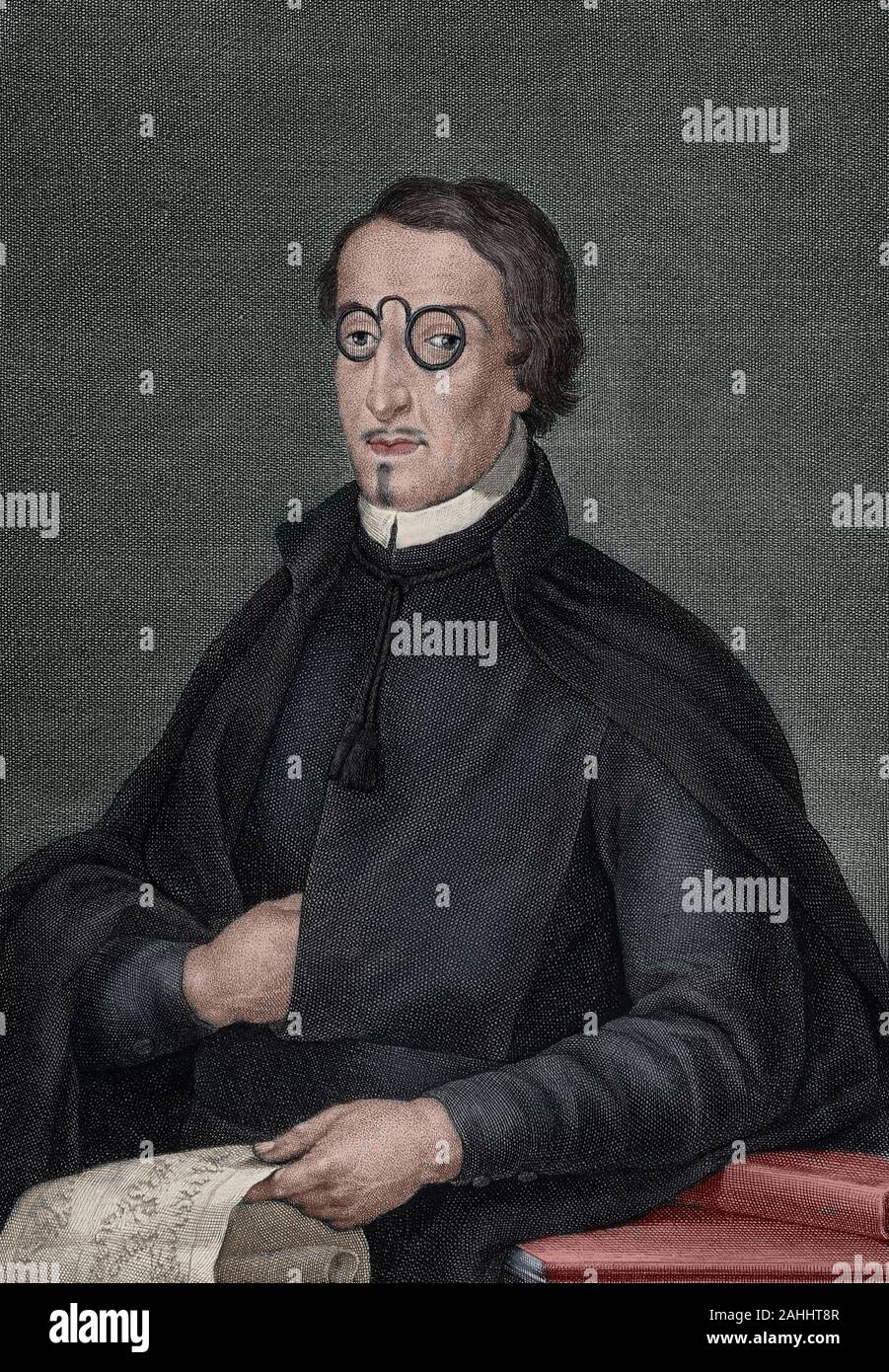 Antonio de Solis y Rivadeneyra (Alcalá de Henares, 1610 - Madrid, 1686). Die spanische Schriftstellerin, kirchlichen und Politiker. Privatsekretärin des Vizekönigs von Navarra, Graf von Oropesa (1637). Philip IV. ernannte ihn zum offiziellen der ersten Staatssekretär (1654). Mariana von Österreich ernannte ihn der Chronist der Indies (1665). Er wurde 1667 zum Priester geweiht. Dichter und Dramatiker, der als Historiker stand. Gravur. Später Färbung. Stockfoto