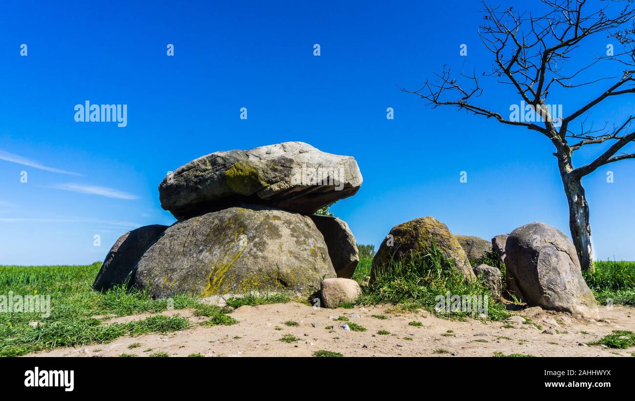Alte steinerne Grab auf einem Feld in der Nähe von Rerik, Deutschland Stockfoto