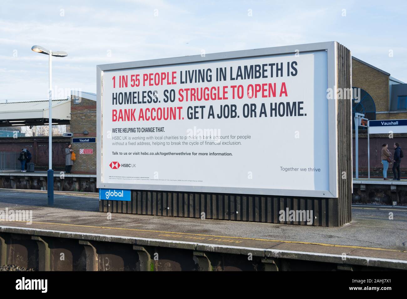Eine HSBC-Werbekampagne ohne festen Wohnsitz, um im Londoner Stadtteil Lambeth Bankkonten für Obdachlose bereitzustellen. Stockfoto