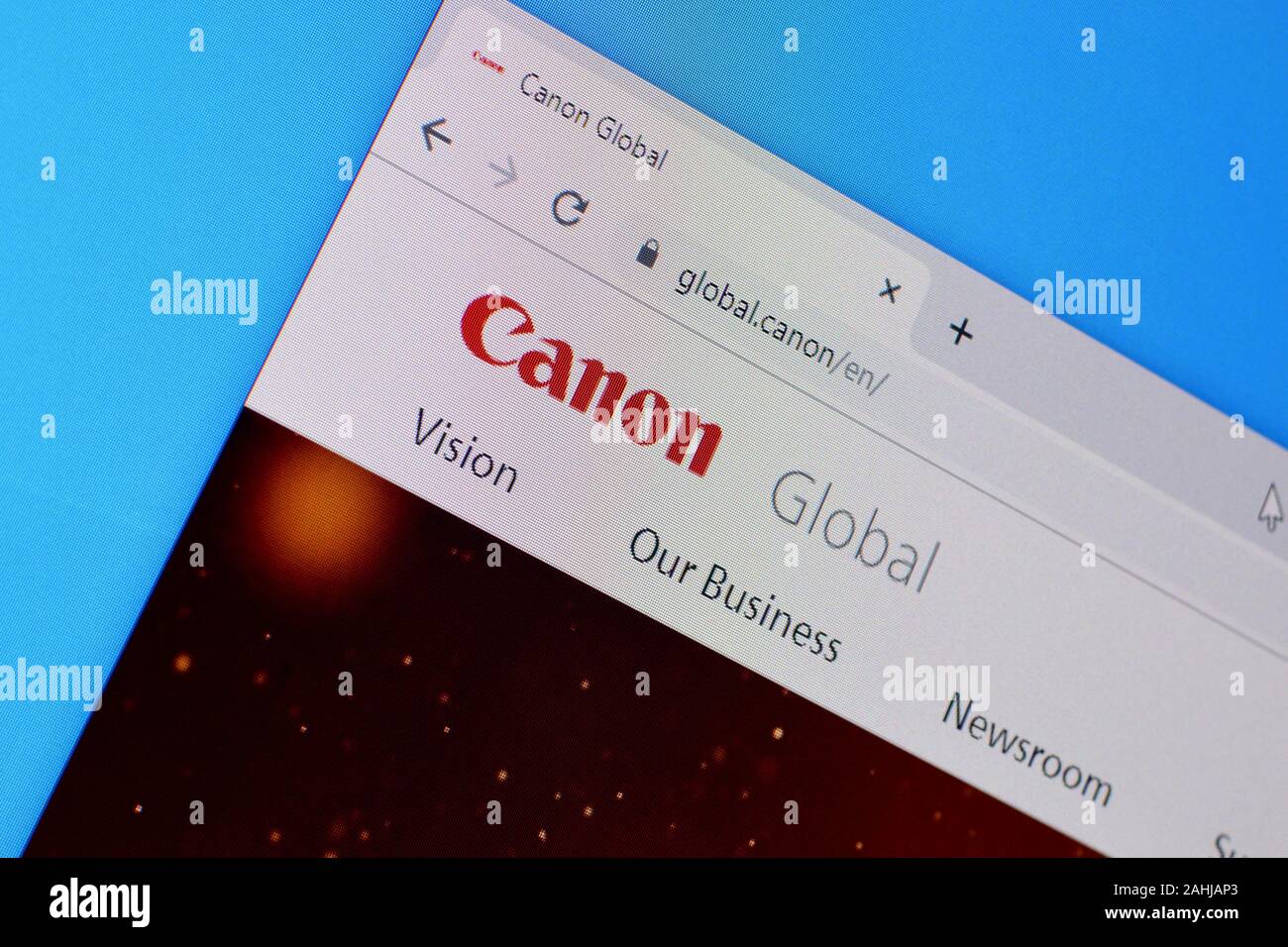 NY, USA - Dezember 16, 2019: Homepage von Canon Website auf dem Display des PC, url-global. canon. Stockfoto