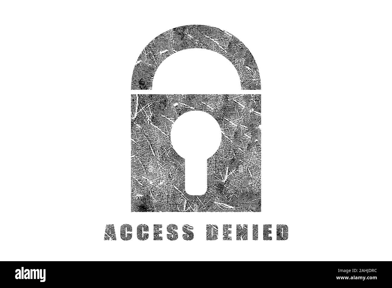 Palm drucken Anerkennung und Zugang Konzept. Sicherheitssoftware von biometrischen Daten. Identifikation von Hand Drucke scannen. Vorhängeschloss mit palmprint Muster Stockfoto