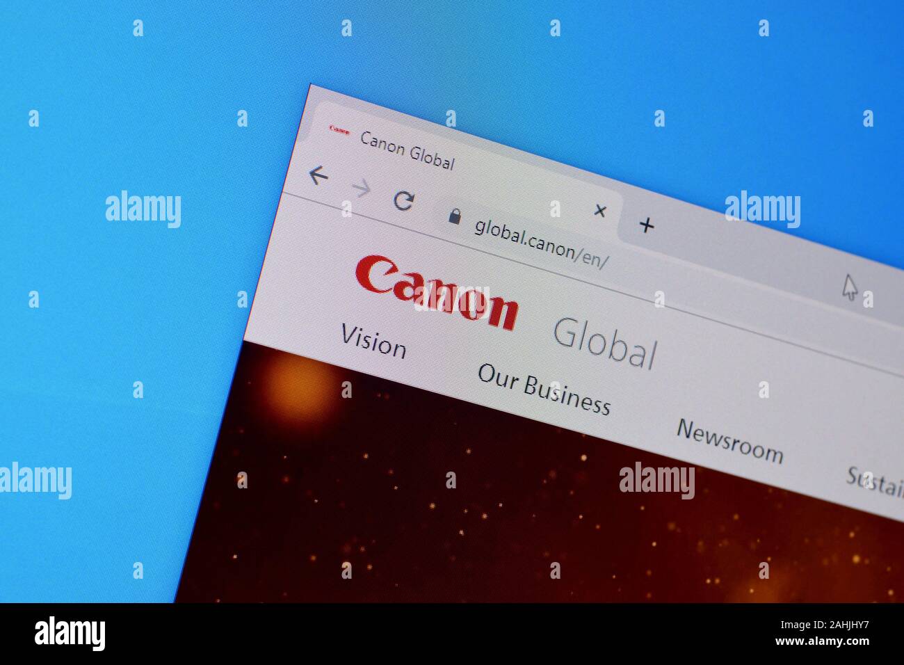 NY, USA - Dezember 16, 2019: Homepage von Canon Website auf dem Display des PC, url-global. canon. Stockfoto