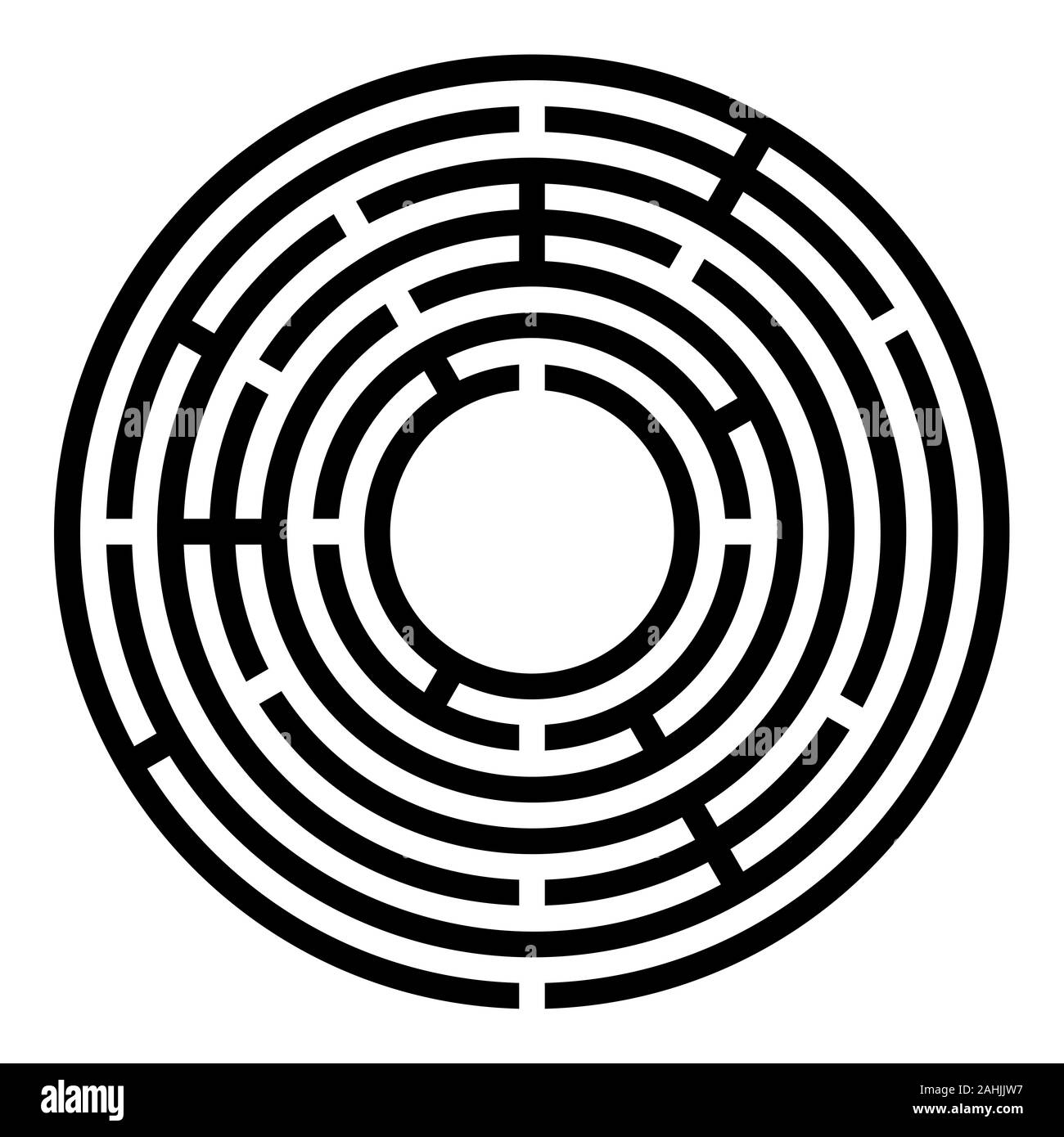 Kleine schwarze kreisförmigen Labyrinth. Radiale Labyrinth. Finde den Weg in die Innenstadt. Drucken Sie und folgen Sie dem Pfad, der durch einen Stift oder Fingerspitze. Sammlung von Pfaden. Stockfoto