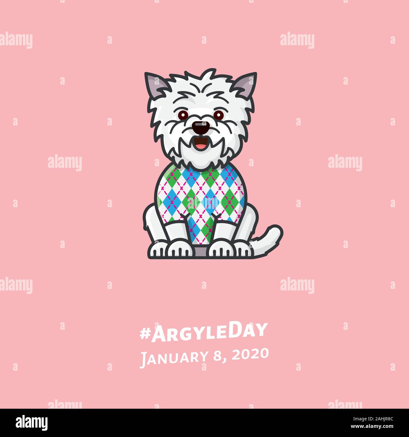 West Highland White Terrier mit Argyle Muster auf Pullover Farbe Abbildung: Für #ArgyleDay am 8. Januar. Cartoon vektor Symbol der schottischen Tradition Stock Vektor