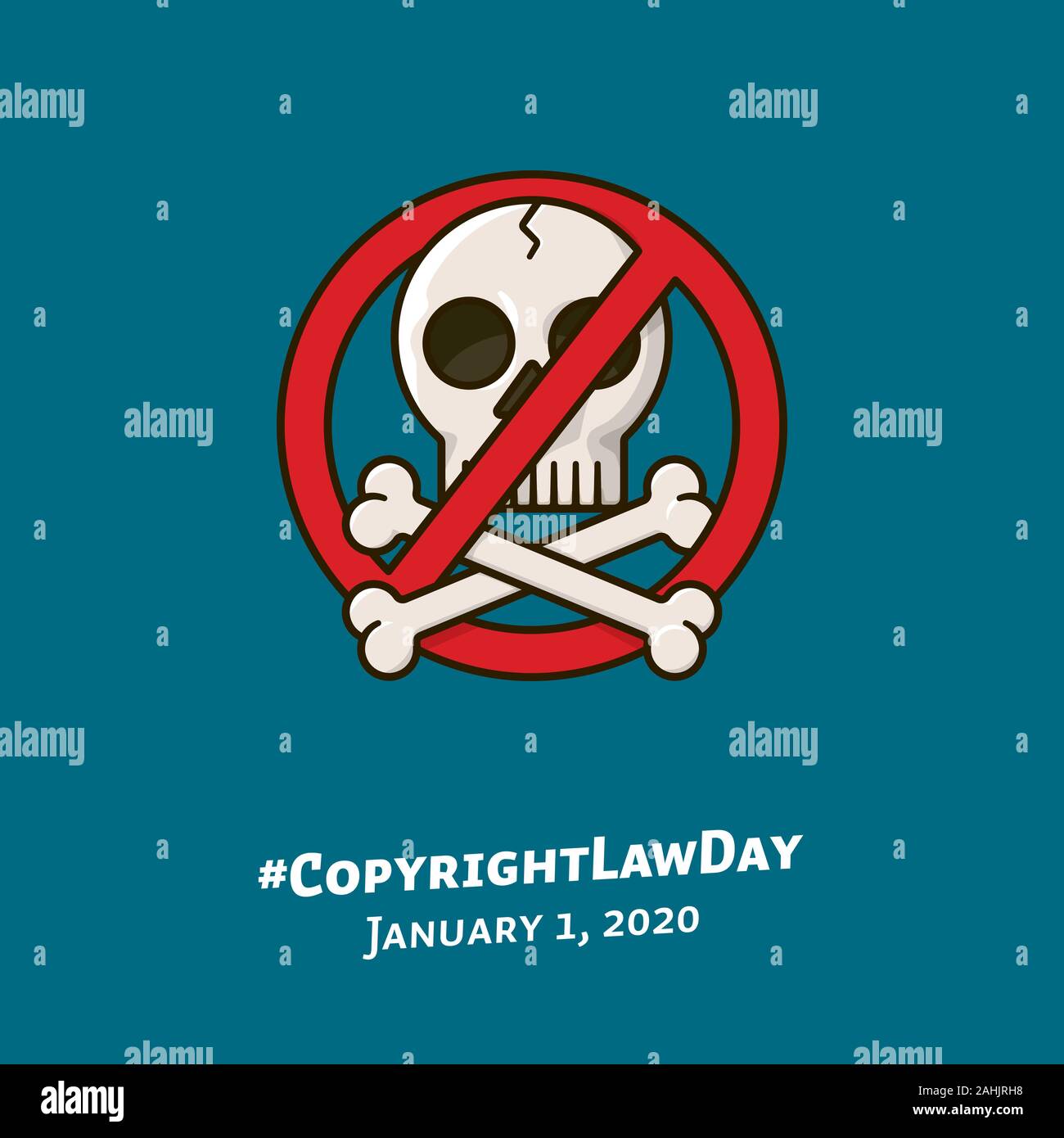Anti-Piracy-Symbol, Illustration für Urheberrecht am 1. Januar. Schädel und Knochen mit forbbidden Zeichen Farbe Vektor-illustration verflochten. Stock Vektor