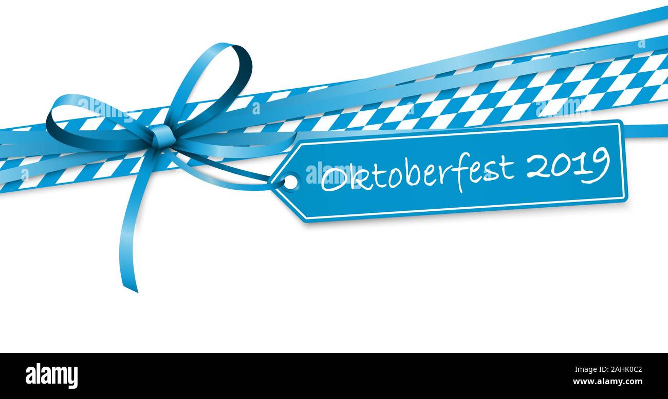 EPS 10 Vector Illustration der blauen Schleife mit Hang Tag und Text Oktoberfest 2019 isoliert auf weißem Hintergrund für Deutsche Oktoberfest Zeit Stock Vektor