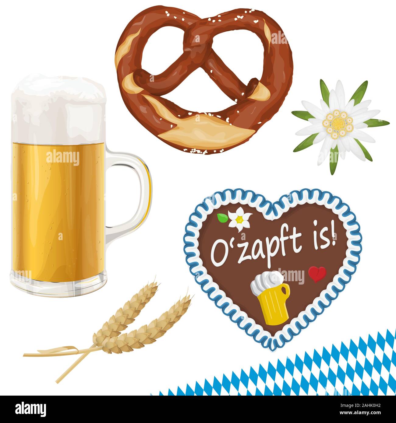 Sammlung von typischen Objekten illustriert Oktoberfest, Bier, Brezel, Weizen, Edelweiss Blume und Lebkuchen Herz für Biergarten Zeit 2019 Stock Vektor