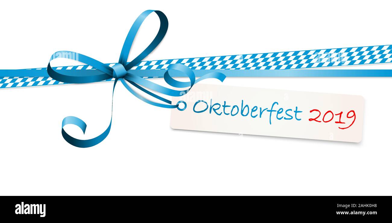 EPS 10 Vector Illustration der blauen Schleife mit Hang Tag und Text Oktoberfest 2019 isoliert auf weißem Hintergrund für Deutsche Oktoberfest Zeit Stock Vektor