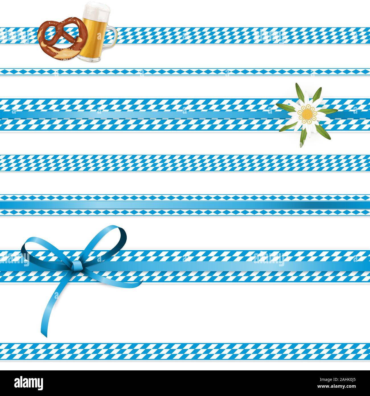 EPS 10 Vector Illustration von Weiß und blau karierten Banner mit Edelweiss Blume, Schleife und ein paar Brezel und Bier für Deutsche Oktoberfest t Stock Vektor