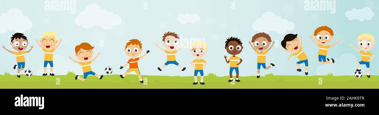 EPS 10 Vektordatei anzeigen glückliche junge Kinder Fußball-Team mit unterschiedlichen Hautfarben, Jungen lachen, hopping, Kugel zusammen spielen vor Sommer Stock Vektor