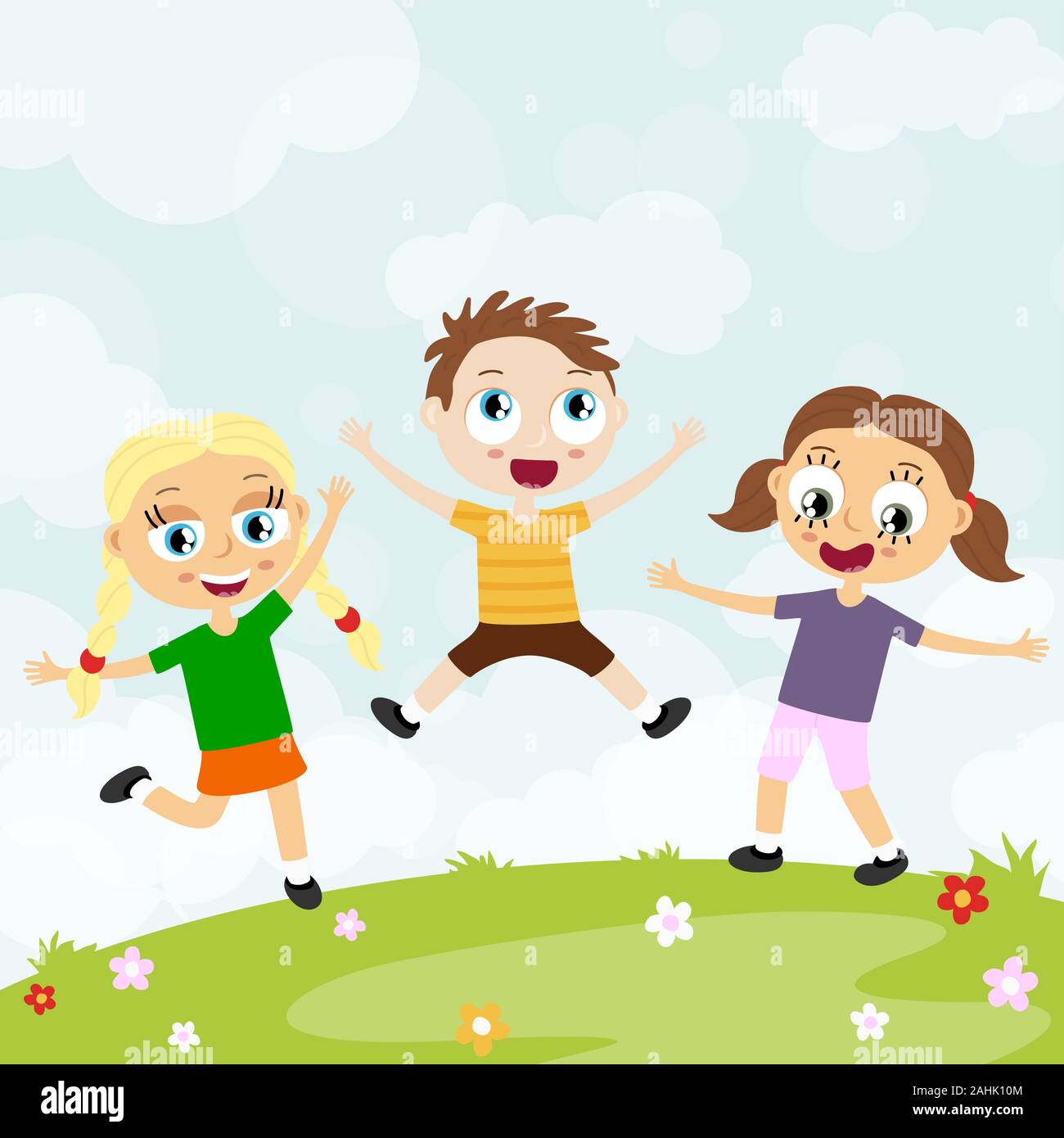 EPS 10 Vektordatei anzeigen glückliche junge Kinder mit unterschiedlichen Hautfarben, Jungen und Mädchen lachen, hüpfen, spielen und Spaß haben gemeinsam Vor s Stock Vektor