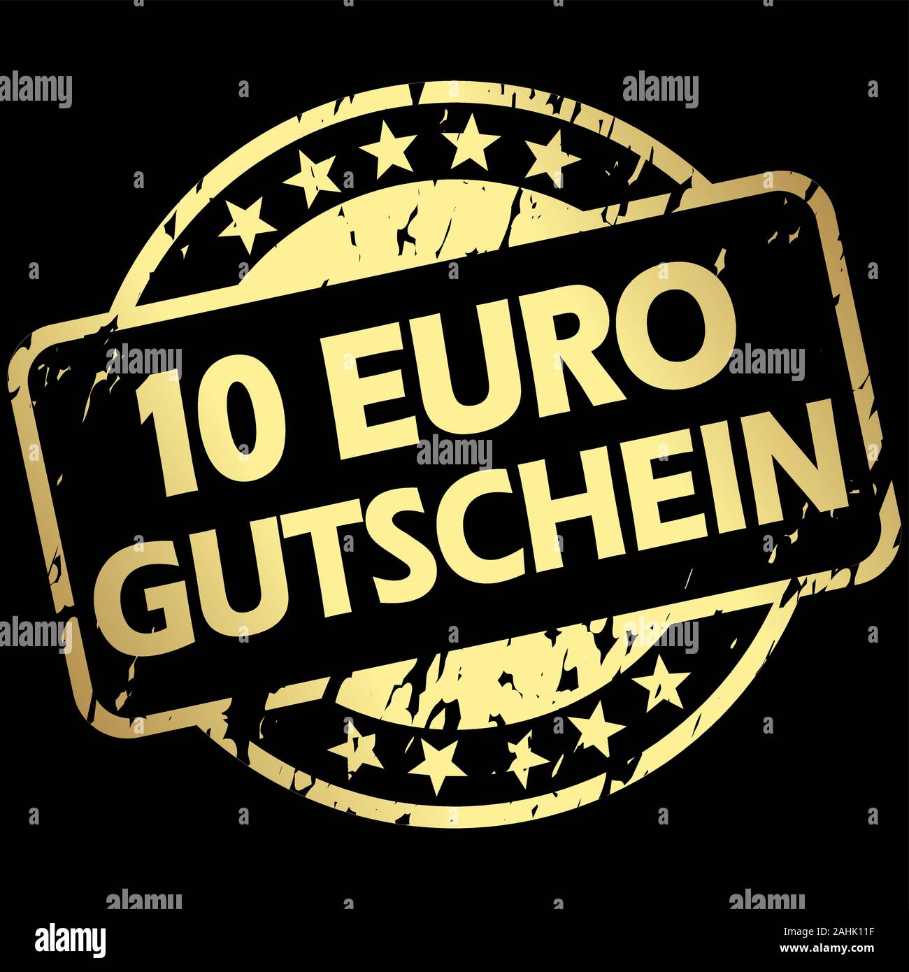 EPS 10 Vektor mit runder Goldfarbener grunge Stempel mit Banner und Text 10 Euro Gutschein (in deutscher Sprache) Stock Vektor