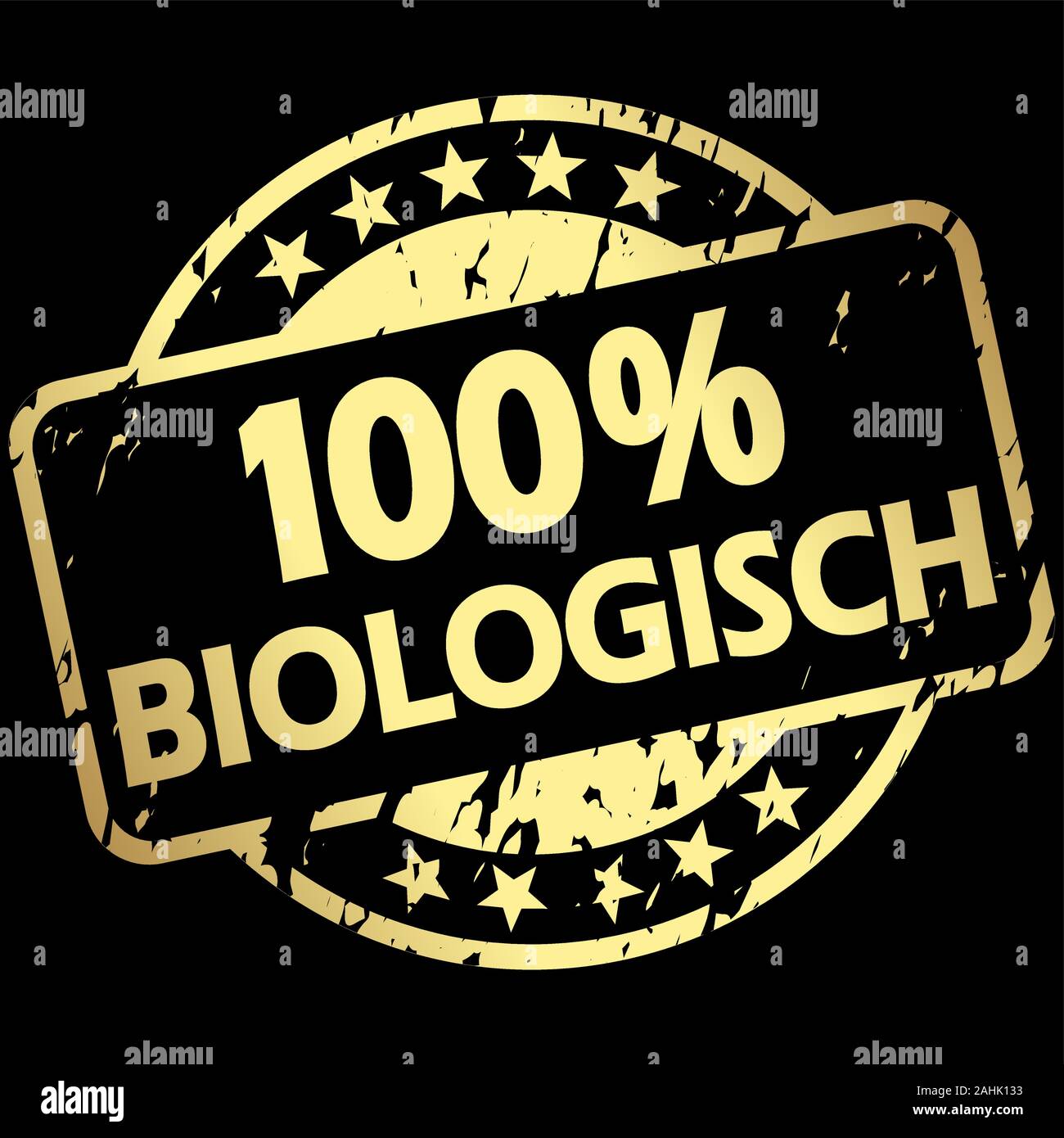 EPS 10 Vektor mit runder Goldfarbener grunge Stempel mit Banner und Text 100% biologische (in deutscher Sprache) Stock Vektor