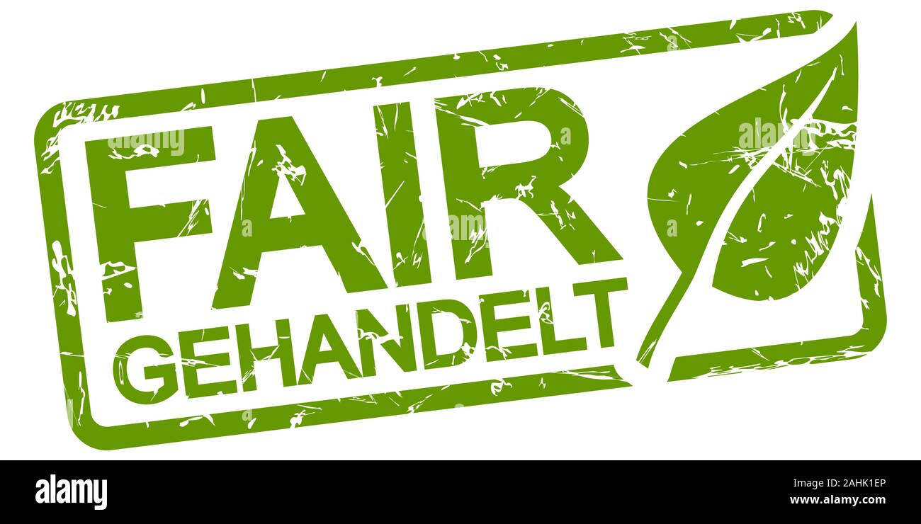 Green grunge Stempel mit Rahmen, großes Blatt und Text der Faire Handel (in deutscher Sprache) Stock Vektor