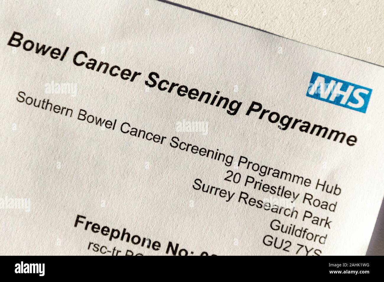 NHS Darmkrebs Screening Programm Einladung Stockfoto