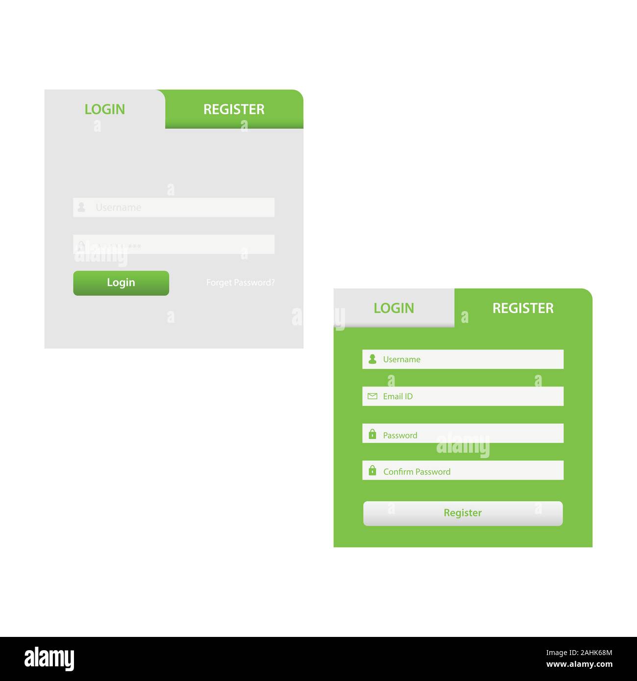 Login Bildschirm und Zeichen in der Formularvorlage für mobile App oder Website Design. UI, UX, User Interface Kit, Smartphone Application Design. Flach und minimale s Stock Vektor