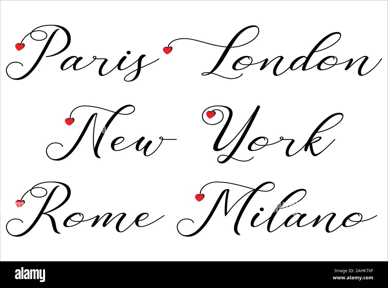 Paris, London, New York, Rom, Milano handwrites mit roten Herzen auf weißem Hintergrund-Vektor Stock Vektor