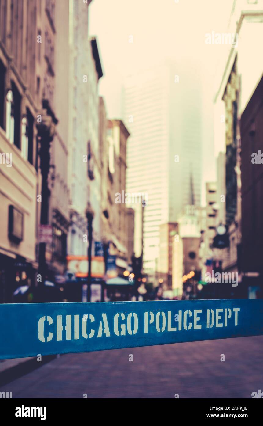 Retro Style Foto einer Polizei Riot Barriere in Chicago, Illinois. Stockfoto