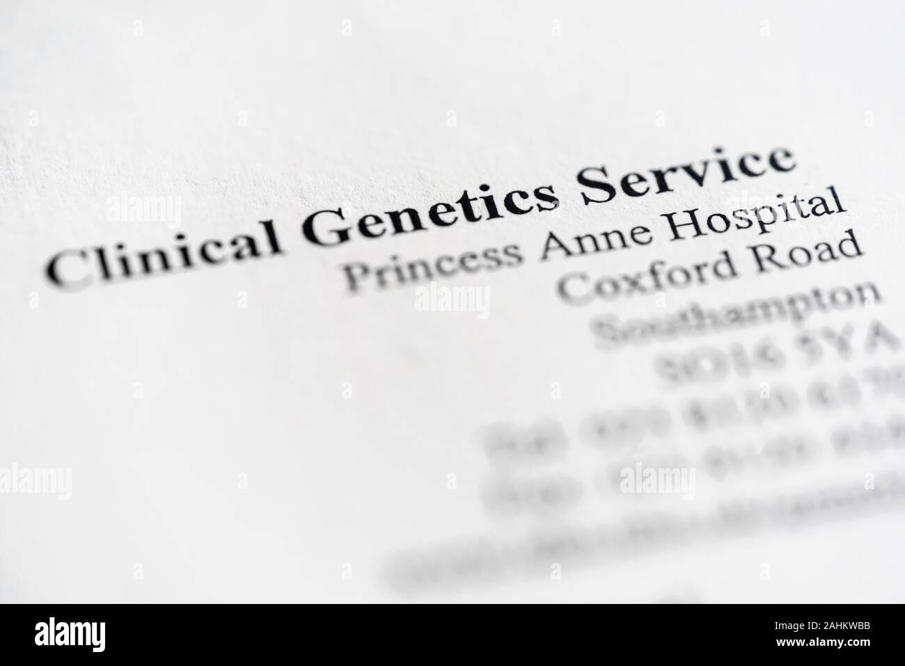 Ein Brief von der NHS Klinische Genetik Service gerichtet Stockfoto