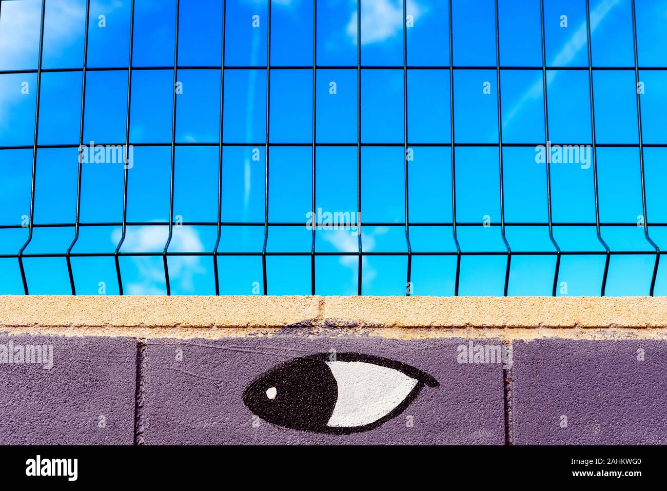 Wachsames Auge auf einen Zaun und Mauer, die Ihre Privatsphäre schützt. Stockfoto