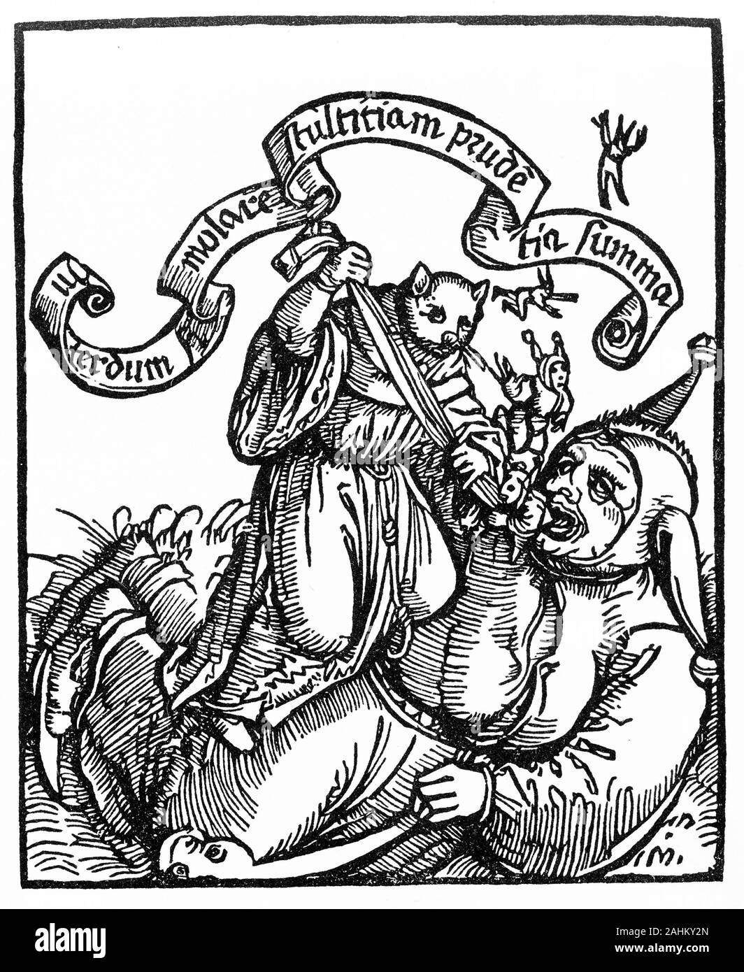 Gravur von Thomas Murner, OFM (1475-C. 1537), deutscher Satiriker, Dichter und Übersetzer, der oft Marti Luther für seine Lehren lächerlich gemacht. In diesem Cartoon, murner ist mit einem Katzenkopf dargestellt, als er Angriffe und bindet die lutherischen Narren. Stockfoto